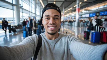 Fototapeta premium Smiling young African American man taking a selfie at a busy airport terminal with luggage in the background.