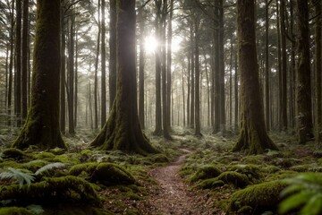 Obraz premium A peaceful forest scene with dense trees and a soft carpet of moss covering the ground. Small mushrooms are scattered throughout the forest floor, nestled among the fallen leaves and ferns.