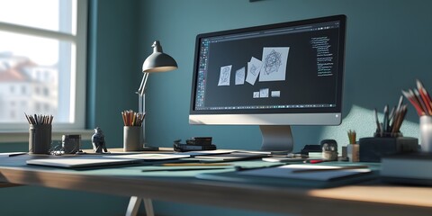 Naklejka premium A creative workspace featuring a computer, sketches, and art supplies.