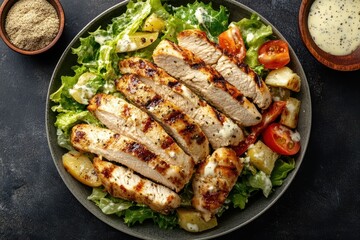 Organic Chicken Caesar Salad featuring grilled chicken and fresh veggies top view