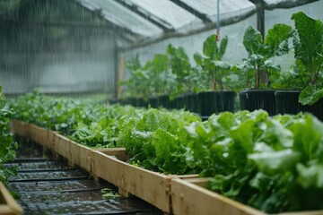 Organic salad cultivation uses wooden boxes for rainy day harvests Hydroponically grown vegetables thrive in greenhouses promoting ecological and healthy veget