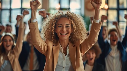 Obraz premium A group of enthusiastic individuals cheer together with smiles and uplifted fists in a vibrant workspace, celebrating their achievements