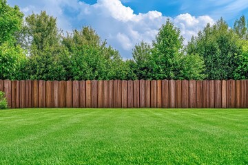 Fototapeta premium Outdoors with a wooden barrier trees and lush grass