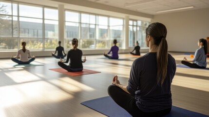 A group of women engages in yoga on mats in a spacious studio filled with natural light, creating a tranquil atmosphere for mindfulness