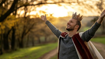 A man with a crown spreads his arms wide in a forest, basking in the warm glow of the sunset, surrounded by trees in autumn colors