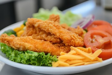 Fototapeta premium Plate featuring chicken strips alongside vegetables and cheese