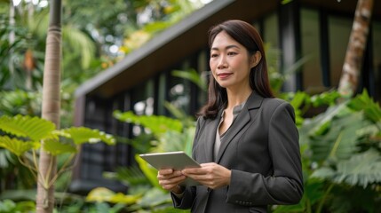 Fototapeta premium Professional woman interacts with a tablet device amidst tropical plants in a contemporary outdoor workspace