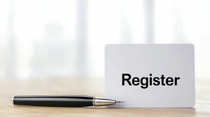 Registration Form. A sign reading "Register" next to a pen on a blurred background, suggesting an invitation or reminder for registration.