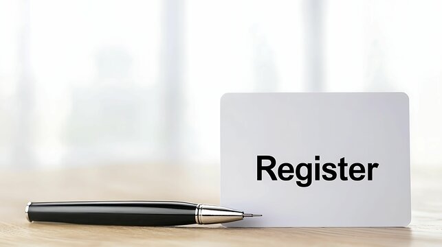 Registration Form. A sign reading "Register" next to a pen on a blurred background, suggesting an invitation or reminder for registration.