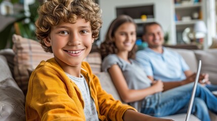Obraz premium A young boy smiles while using a laptop, sitting on a couch with his family in a cozy living room