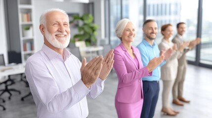 Fototapeta premium A diverse group of smiling professionals stands in a bright office, clapping enthusiastically at a successful presentation