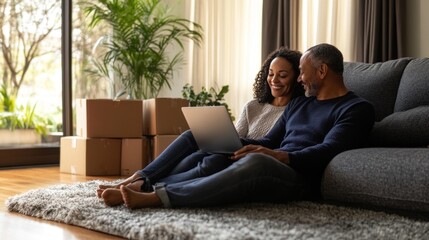 Fototapeta premium Two people relax on a rug, using a laptop amidst unpacked boxes in their new home, smiling and sharing a moment of connection
