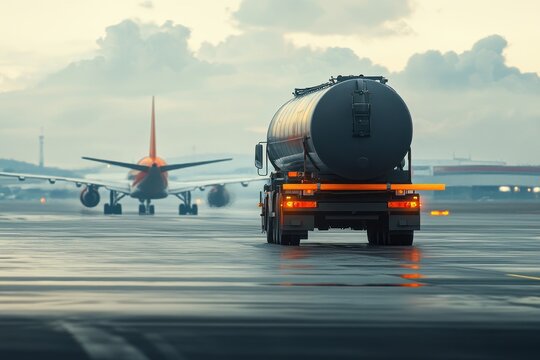 Small modern fuel truck drives on airport taxiway for aircraft refueling Aviation gasoline supply vehicle