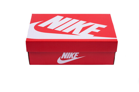 Nis, Serbia - 15 October 2024. Nike shoes box is isolated on a white background. Red box for snickers. isolated white background.