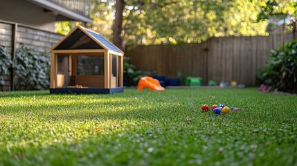 A vibrant backyard features a wooden playhouse, colorful toys scattered on the grass, and a serene atmosphere surrounded by greenery