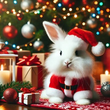 a fluffy white rabbit in a Santa Claus suit by a Christmas tree. Generative Ai