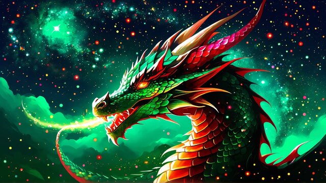 Vibrant celestial dragon breathing fire amidst a starry night sky fantasy