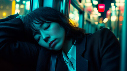 Obraz premium 残業後の疲れた帰り道で居眠りするビジネスウーマン