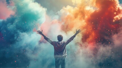 Man celebrating with vibrant colorful smoke clouds