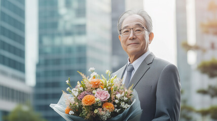 退職記念の花束を持つ日本人エグゼクティブ