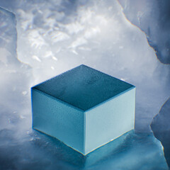 Platform of ice with frozen ice block podium or stand for product placement. Icy cold or glacier...
