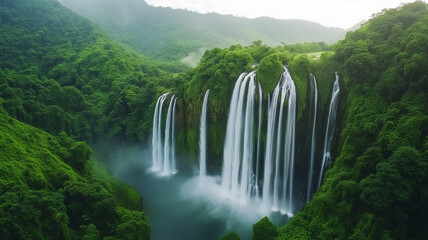 Fototapeta premium 熱帯の緑に囲まれた壮大な滝の風景