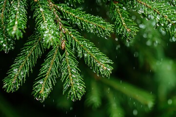 Fototapeta premium Close-up view of fresh green pine tree branches covered in raindrops, reflecting moisture in a tranquil forest setting, nature and freshness concept.