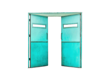 A turquoise-colored open door isolated on a white background. Suitable for creative and minimalist design concepts, it can symbolize new beginnings or fresh opportunities.