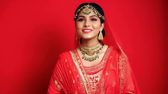 Indian bride girl wearing traditional dress against red background. Woman in beautiful sari. Bollywood star traditional fashion. Ugadi or Gudi Padwa celebration. Religion and ethnic concept