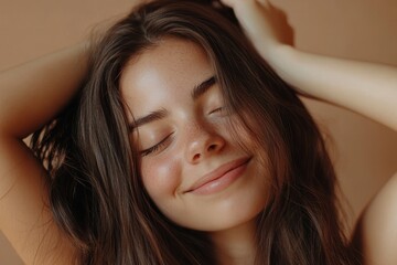 Fototapeta premium Young model smiling in a brown backdrop showcasing wellness haircare and oil for health and growth