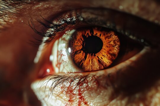 Zoomed in view of a man s red irritated eyes with visible veins relating to keratitis and eye inflammation