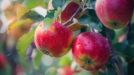 Fresh red apples with dewdrops on a branch