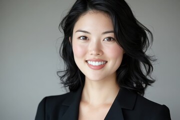 Fototapeta premium A radiant young Asian woman with black hair and brown eyes smiles at the camera against a white studio backdrop