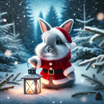 a gray bunny in a Santa outfit standing in a snowy forest with a glowing lantern. Generative Ai