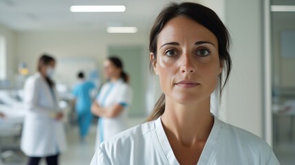 Fototapeta premium female hospital nurse looking at the camera at hospital ward with coworkers in the background 