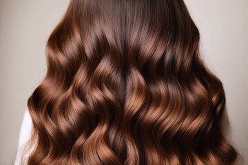 Fototapeta premium Close up of women s long wavy shiny brown hair as a backdrop Hair coloring and styling techniques including extensions