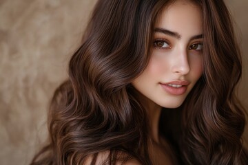 Naklejka premium Close up of women s long wavy shiny brown hair styling and coloring techniques included