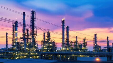 Obraz premium Industrial Landscape at Twilight with Silhouettes of Towers and Pipes Bathed in Warm Colors of the Sky, Highlighting Energy and Manufacturing Aesthetics