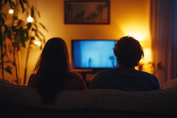 Fototapeta premium Couple seated on a sofa at home in the evening watching TV from behind with space for text