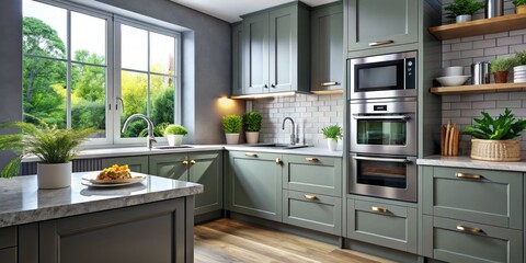 Fototapeta premium Gray Kitchen Interior with Metallic Microwave and Oven - Modern Landscape Photography