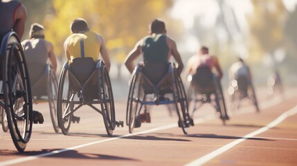 Determined group of disabled athletes competing in a wheelchair racing event outdoors. Disabled sports, sportsmanship, surpass oneself,inspirational stories,world day for people with disabilities