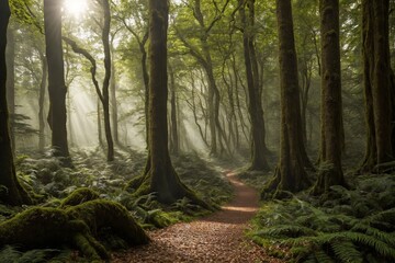 Obraz premium The trees stretch high into the sky, their thick trunks and branches creating a sense of grandeur. The air is fresh and crisp, and the peaceful atmosphere is undisturbed, with only the occasional rust