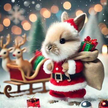 a bunny in a Santa costume, carrying a sack of presents while standing on a sleigh with reindeer in the background. Generative Ai