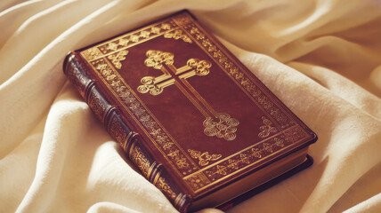 Fototapeta premium An ornate leather-bound Bible with a golden cross design resting on a soft, neutral fabric, symbolizing faith and spirituality.