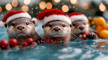 Playful otters wearing Santa hats and scarves sliding on ice surrounded by festive holiday and celebrating the winter season