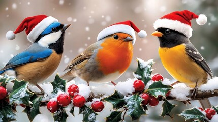 Fototapeta premium Group of colorful birds wearing Santa hats and scarves perched together on a snowy holly covered branch creating a whimsical and cheerful winter scene