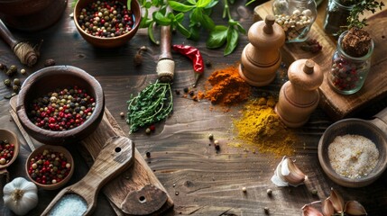 Rustic assortment of spices and herbs on a wooden table