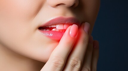 Naklejka premium A close-up of a woman's face with light skin, showing discomfort while touching her mouth.