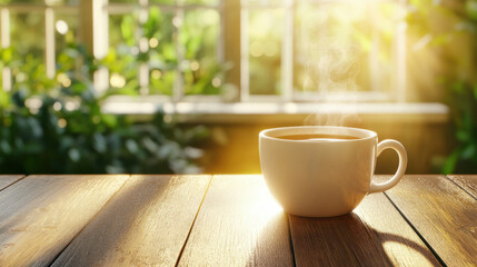 Fototapeta premium simple cup of tea steaming gently on wooden table, surrounded by lush greenery and warm sunlight, creates serene and inviting atmosphere