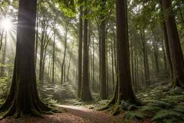 Obraz premium The trees stretch high into the sky, their thick trunks and branches creating a sense of grandeur. The air is fresh and crisp, and the peaceful atmosphere is undisturbed, with only the occasional rust